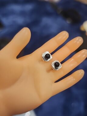 Silver Toned Black Onyx Stud Earrings - Minimal Women's Jewelry
